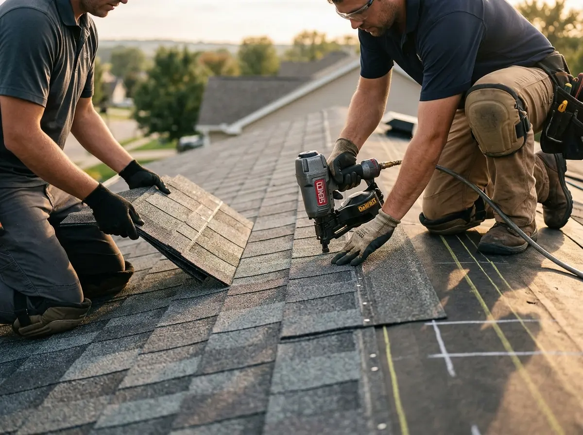Professional roofer working on a residential roof in Gurnee
